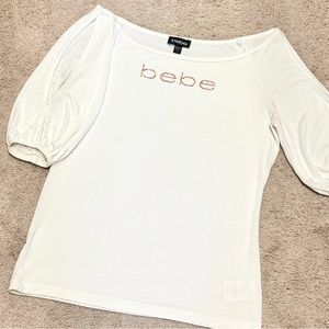 White Bebe Cold Shoulder Top w/Rhinestone Logo